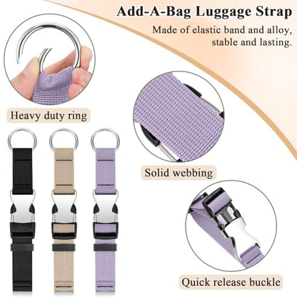 Amylove 3 Pcs Add a Bag Luggage Straps Gripper Heavy Duty Jacket Valises Strap for Travel Belt with Buckle Adjustable Baggage - color: Black, Beige, Light Purple
