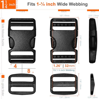 Nylon Straps 1-1/4 inch Wide with Buckles and Slides: 6 Yard of 1.25" Webbing, 4 Pack Side Release Buckle, 8 pcs Tri-Glide Slider, Heavy Duty Plastic Clip Quick Fastener Replacement Dual Adjustable - size: 1-1/4" x 6 yd Strap + 4 pack Buckles