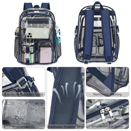 Clear Backpack Heavy Duty Transparent Backpacks Stadium Approved for School Work Sport Travel (Navy Blue) - color: Navy Blue
