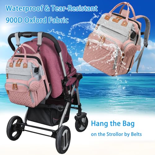 Jeryswet Baby Diaper Bags with Changing Station, Waterproof Large Capacity Diaper Bag Backpack for Moms Dads with USB Charging Port and Stroller Straps, Baby Shower Gifts, Pink-Grey - color: Grey-pink