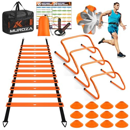 MUROZA Agility Ladder, Agility Speed Training Equipment Set, 20ft Speed Ladder, 12 Soccer Cones, 4 Hurdles, Jump Rope, Running Parachute, Soccer Football Basketball Training Equipment Accessories - color: Orange