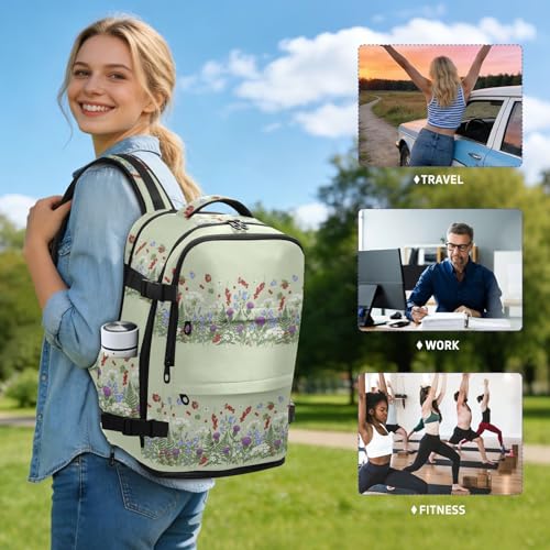 Travel Backpack with Shoe Compartment, 20L Large Capacity Laptop Backpack for Men Women, Wildflowers Daypack for Traveling Hiking Carry On