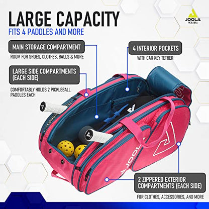 JOOLA Tour Elite Pickleball Bag – Backpack & Duffle Bag for Paddles & Pickleball Accessories – Thermal Insulated Pockets Hold 4+ Paddles - Includes Fence Hook - color: Hot Pink/Blue