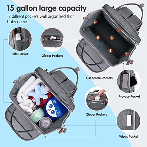 DERJUNSTAR Baby Diaper Bag Backpack with Changing Station Large Capacity Baby Bag for Boys & Girls, USB Charging Port, Pacifier Case, Sunshade & Toy Bar, Waterproof - color: Pale Grey