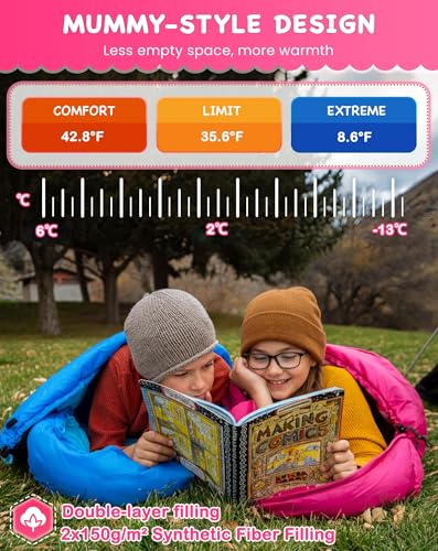 KingCamp 45°F Kids Sleeping Bag, Lightweight Waterproof & Compact Flannel Sleeping Bags Cold Weather & Warm Youth Essentials Gear Accessories for Camping, Fits 10-12 Children up to 4'7"-5'5" Tall - color: Mummy 8.6°F ~42.8°F Pink