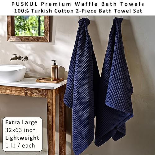 PÜSKÜL Natural 100% Turkish Cotton Navy Waffle Bath Towels Set of 2-Piece | 32x63 Extra Large Absorbent Quick-Dry Lightweight Spa Towel | Luxury Bathroom Towel (Navy Blue Bath Towels - Pack of 2) - color: Navy Blue