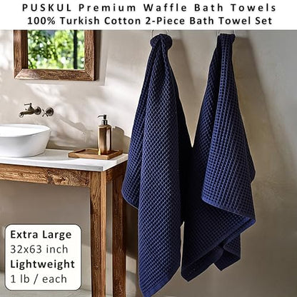 PÜSKÜL Natural 100% Turkish Cotton Navy Waffle Bath Towels Set of 2-Piece | 32x63 Extra Large Absorbent Quick-Dry Lightweight Spa Towel | Luxury Bathroom Towel (Navy Blue Bath Towels - Pack of 2) - color: Navy Blue