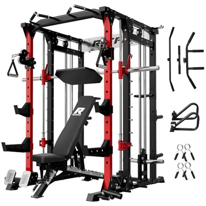 RitFit Buffalo Smith Machine, Power cage with LAT-Pull Down System & Cable Crossover System, All-in-One Squat Rack for Home Gym, Power Rack - color: RED, size: Package(With Bench)