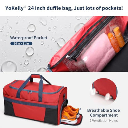 Men's 65L Gym Bag with Wet Pocket and Shoe Compartment- 24"x12.5"x13" Large Sports Duffle Bag for Gym Travel - Red - color: Red