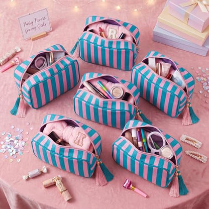 Kacctyen 6 Pack Blue and Pink Striped Makeup Bag bulk with Tassel Travel Cosmetic Pouch Organizer Large Zipper Toiletry Case for Women Aesthetic Storage Pouch Mahjong Tile Bag - color: Blue and Pink