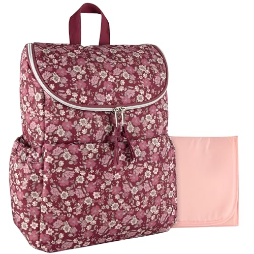 Multi-Function Floral Diaper Backpack and Travel Nappy Baby Bag with Changing Pad and Stroller Straps - color: Burgundy Floral
