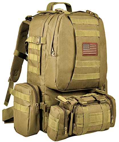 CVLIFE Tactical Backpack Military Army Rucksack 60L Large Assault Pack Detachable Molle Bag - color: Tan