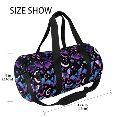 MNSRUU Sports Duffel Bags, Neon Purple and Bats Stars and Moons Athletic Gym Bag Overnight Workout Travel Tote Luggage for Men Women Yoga - color: Bats A8889