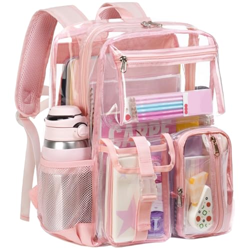 Vorspack Heavy Duty Clear Backpack - Multi-pockets Clear Bookbag for Girls, Transparent See Through Backpack for School, College, Work, Festival - Pink - color: Pink, size: Large