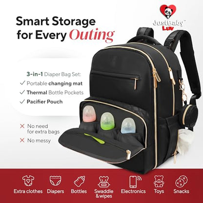 Large PU Leather Diaper Bag Backpack Set (3-Piece) – Baby Bag with Large Changing Pad, Insulated Warm/Cool Bottle Pockets Organization, Newborn Essentials Travel Gift for Mom & Dad, Best Baby Shower