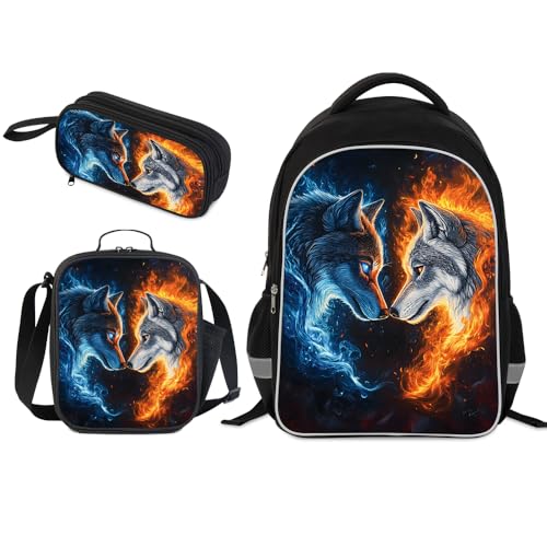 HiMagics Aesthetic School Backpack 3-in-1 Set for Kindergarten Teen Girls Boys - Laptop Bookbag with Insulated Lunch Box & Pencil Case Wolf Pattern - color: A04-wolf-set