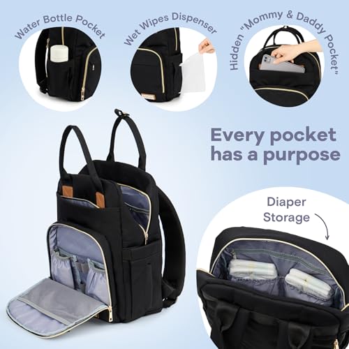 RUVALINO Diaper Bag Backpack, Multifunction Travel Pack Maternity Baby Changing Bags, Large Capacity, Waterproof, Deep Black, Polyester - color: Deep Black