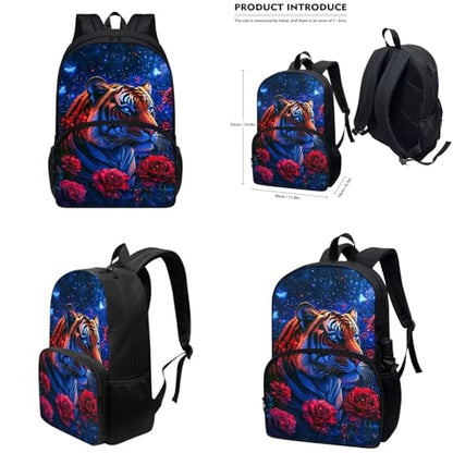 Aesthetic Tiger Backpack for Kids Girls Backpack with Lunch Box Water Bottle Holder and Zipper Pencil Case 4Pcs Set 17" Sturdy Bookbag with Large Front Pocket Lightweight Elementary School Bag - color: Aesthetic Tiger-2
