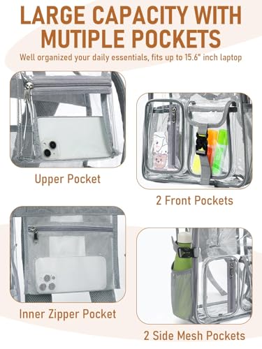 Clear Backpack Heavy Duty for Women Men Boys Girls, Large Clear Bookbag See Through Backpack for School College - color: 13-6#grey+pouch-no Reflective Strips