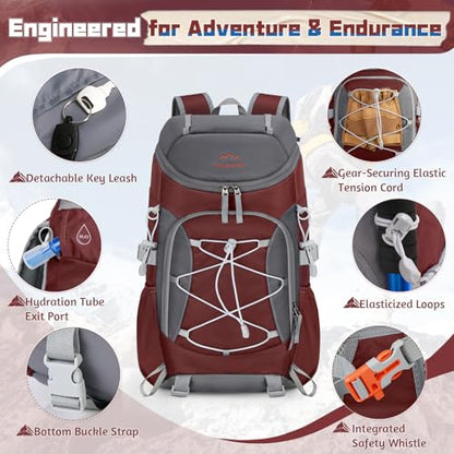 RAINSMORE Foldable Hiking Backpack for Women Men Packable Camping Backpack 40L Waterproof Hiking Daypack Bag Lightweight Collapsible Daypack for Travel Trekking Mountaineering Large Capacity Red - color: Dark Red and Grey