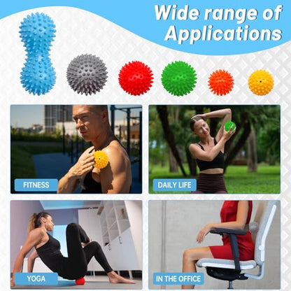 6-Pack Spiky Massage Balls Set, Hard/Medium/Soft Textured Muscle Roller Balls for Plantar Fasciitis Relief, Myofascial Release, Foot Pain and Muscle Tightness, Acupressure and Stress Relief