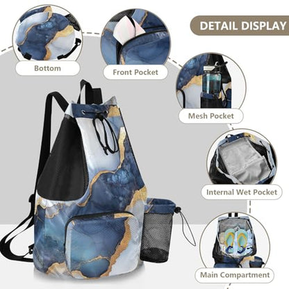 Hiking Drawstring Backpack Gym Swim Bag With Water Bottle Pocket Cinch Back Sack Dry Wet Separation Marble White Navy Blue - color: Color 13