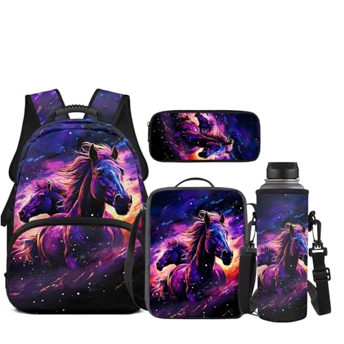 JEOCODY Cool Horse Backpack for Girls School Bookbag with Lunch Box and Water Bottle Holder Pencil Pouch 4 Pcs Daypack for Travel Hiking Picnic - color: Cool Galaxy Horse Printed