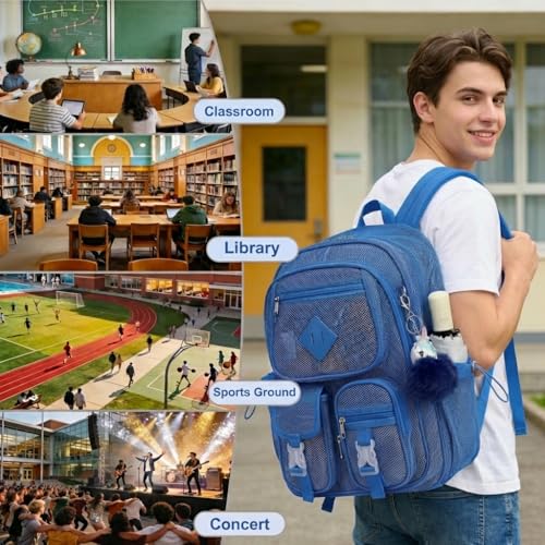 Mesh Backpack for Girls Boys, Heavy Duty Semi-Transparent Mesh Bookbag Womens Mens Mesh Backpacks for School, Sports, Beach, Swimming, Travel - Royal Blue - color: Royal Blue