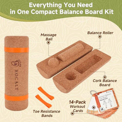 Rocalt Foot & Ankle Strengthener Kit, 4-in-1 Cork Balance Board Set with Massage Roller, Ball & Toe Resistance Bands, Foot Mobility Trainer for Balance Training, Yoga, Runners & Daily Exercise