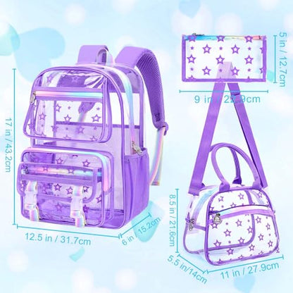 KLFVB 3PCS Clear Bookbag Heavy Duty, Girls See Through School Bag Set, Cute Transparent Backpack for Women - Star Purple - color: Star Purple Clear Backpack