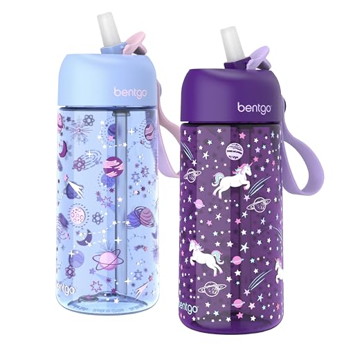 Bentgo Kids Water Bottle 2-Pack - Leak-Proof Durable Tritan BPA-Free 15 oz Cup for Kids/Toddlers Ages 3+; Bite & Sip Spout + Dishwasher Safe for School/Sports/Daycare/Camp (Unicorn/Lavender Galaxy) - color: Unicorn & Lavender Galaxy