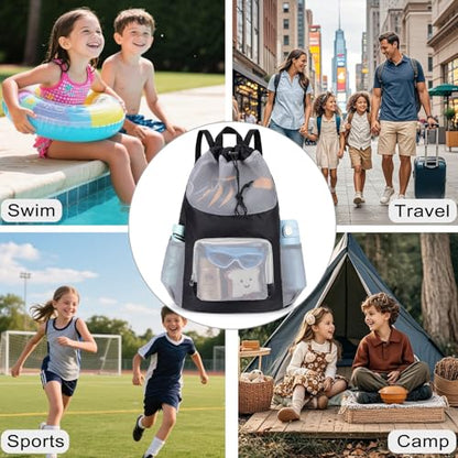 Swim Bag for Kids Mesh Beach Backpack for Boys Lightweight Drawstring Beach Bag Swimming Pool Sports Gym String Bag (Black) - color: Black
