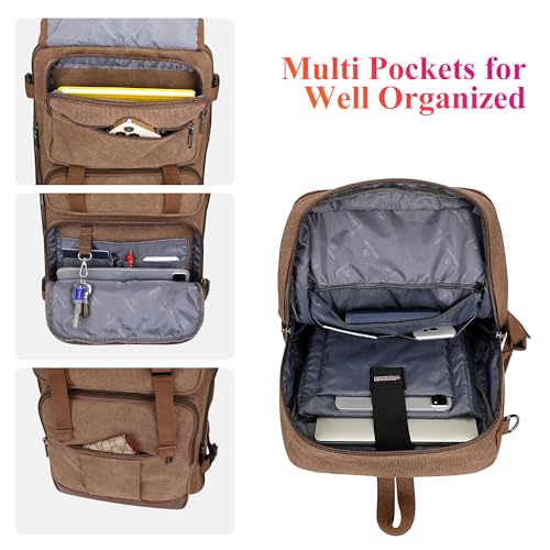 WITZMAN Canvas Travel Backpack for Men Large Laptop Backpack Fit 16 inch Carry-on Airline Approved Convertible Shoulder Rucksack(A6617-3 Brown) - color: Brown