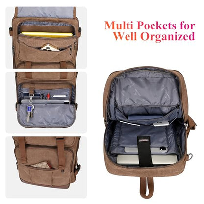 WITZMAN Canvas Travel Backpack for Men Large Laptop Backpack Fit 16 inch Carry-on Airline Approved Convertible Shoulder Rucksack(A6617-3 Brown) - color: Brown