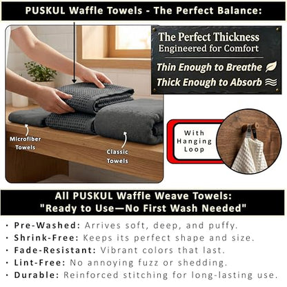 PÜSKÜL Natural 100% Turkish Cotton Waffle Bath Towels Set of 2-Piece | 32x63 inch Extra Large Absorbent Quick-Dry Lightweight Spa Towel | Luxury Sauna Accessories (Dark Gray Bath Towels - Pack of 2) - color: Dark Gray