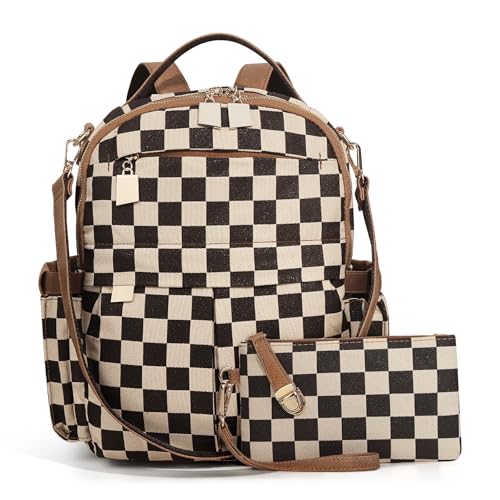Checkered Backpack Purse Women Plaid Vegan Leather Fashion Travel Bag Large Designer Shoulder Handbag Commuter Brown (Plaid Brown) - color: Plaid Brown