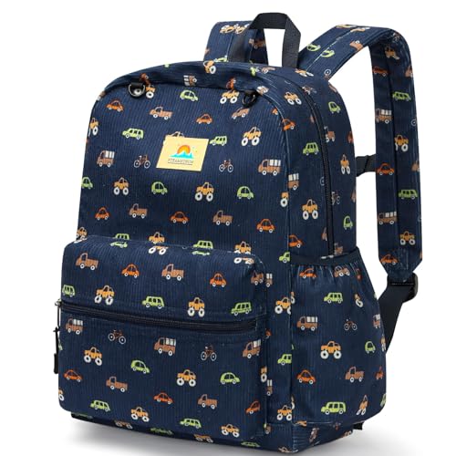 STEAMEDBUN Corduroy Kids Backpack for Boys and Girls 5-8: Boys Backpack for Elementary Kindergarten - 15 inch Cute Backpacks for Kids - Car - color: Blue Car Corduroy, size: SMALL-15"H(fit folder)