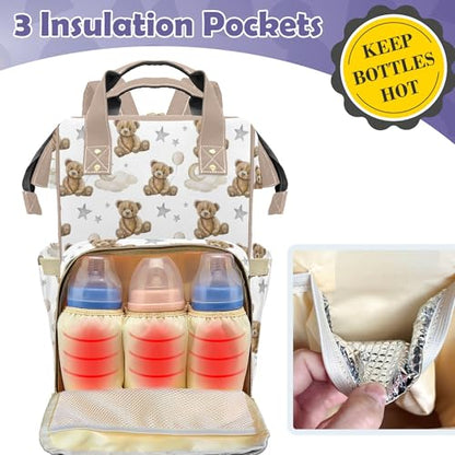 Bear Custom Name Diaper Bag Large Khaki and Brown Monogram Diaper Bag Nappy Backpack for Boys, Large Storage Adjustable Mom Bags Backpack (Bear) - color: Bear