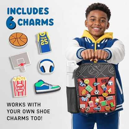 Fit & Fresh Customizable Charm Lunch Bag for Boys & Girls, Basketball Kids Lunch Box with 6 Sports Charms, Premium Insulated Reusable Lunch Tote for School - color: Midnight Hoops