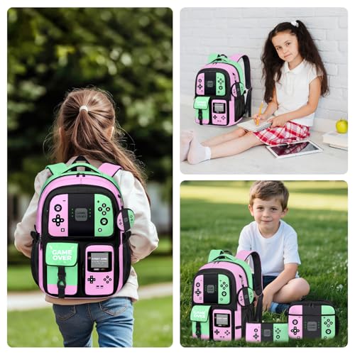 Gamer Backpack for Girls, 4pcs Gaming Girls Backpack with Lunch Box and Pencil Case for Kids, Video Gamer School Bags - color: Multicolor
