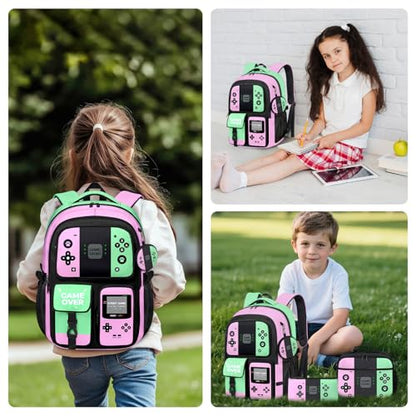 Gamer Backpack for Girls, 4pcs Gaming Girls Backpack with Lunch Box and Pencil Case for Kids, Video Gamer School Bags - color: Multicolor
