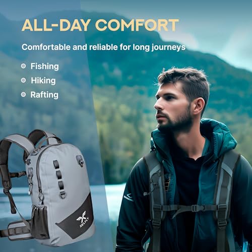 Xelfly - Waterproof Fishing Backpack with Rod Holder, Inflatable Air Valve, Padded Waist Straps & Gear Loops - Submersible Zipper, Rugged Top Handle, Adjustable Attachments (Gray) - color: Gray, size: Fishing Backpack