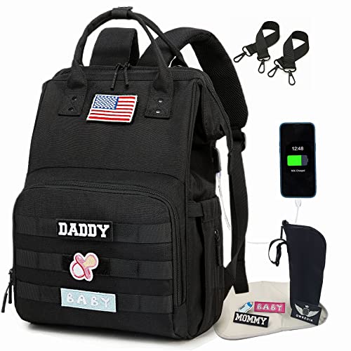Diaper Bag Backpack for Dad and Mom with USB Charging Port Stroller Straps and Insulated Pocket,army military Travel Nappy Backpack for Daddy/Mommy (Black) - color: Black