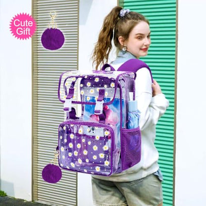 3Pcs Clear Backpack for School, Girls Kids Transparent Bookbag Set, 17" Daisy Stadium Approved See Through Backpack with Lunch Box (Deep Purple) - color: Purple Dasiy