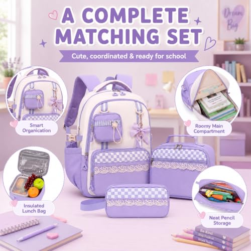 Bluboon Backpack for School Teen Girls Bookbags with Lunch Bag & Pencil Case Aesthetic Water Resistant School Bags for Kids - color: Purple Gingham
