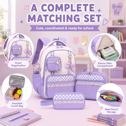 Bluboon Backpack for School Teen Girls Bookbags with Lunch Bag & Pencil Case Aesthetic Water Resistant School Bags for Kids - color: Purple Gingham