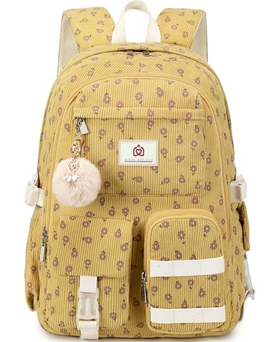 Hidds School Backpack for Teens Girls Women 15.6 Inch College Backpacks Corduroy Work Bag Kids Middle High School Bookbag Students Back Pack Anti Theft Travel Daypack Womens-Corduroy Khaki Floral - color: 10-corduroy Yellow