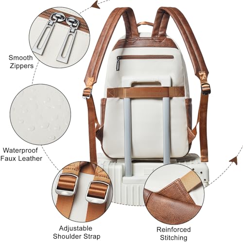 LATMAP Vegan Leather Backpack 17Inch Laptop Backpack for Women Travel Beige | Large capacity, laptop compartment, water-resistant, easy to wipe clean, TSA-friendly, with luggage strap & pickpocket-proof - color: Beige W/ Brown Trim