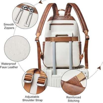 LATMAP Vegan Leather Backpack 17Inch Laptop Backpack for Women Travel Beige | Large capacity, laptop compartment, water-resistant, easy to wipe clean, TSA-friendly, with luggage strap & pickpocket-proof - color: Beige W/ Brown Trim