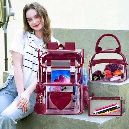 17" Clear Backpack for Girls, School Kids Transparent Bookbag Set, 3Pcs Stadium Approved See Through Backpack with Lunch Box (Dark Red) - color: Clear Sequins Dark Red